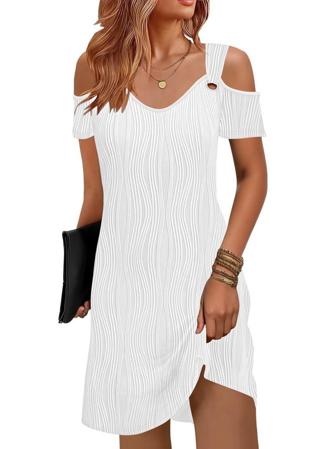 Disamer Sundresses for Women Beach Vacation 2025 Spring Cover Ups Short Sleeve T Shirt Dress Cold Shoulder Summer Dresses, Liu White, M - Image 1