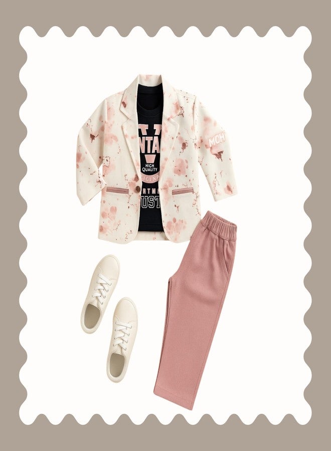 Nuwishtek Baby Boys 3-Piece Outfit Set | Cotton Full Sleeve Blazer, Printed T-Shirt & Stylish Pants For Kids & Toddlers (Pink, 6 to 12 months) - Image 4