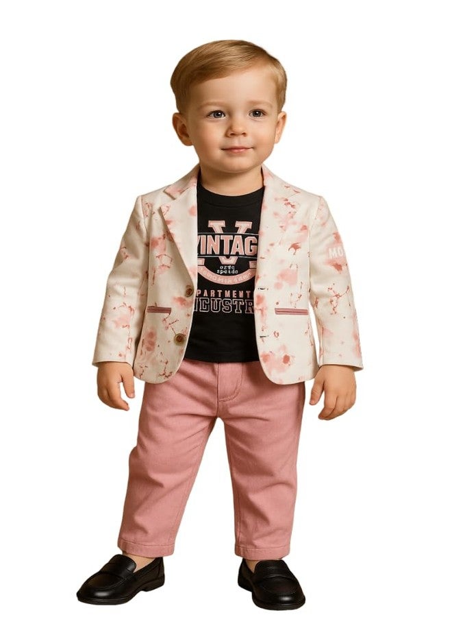 Nuwishtek Baby Boys 3-Piece Outfit Set | Cotton Full Sleeve Blazer, Printed T-Shirt & Stylish Pants For Kids & Toddlers (Pink, 6 to 12 months) - Image 1
