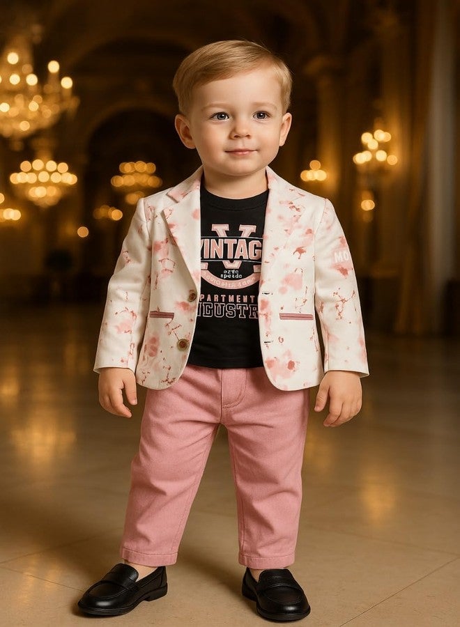 Nuwishtek Baby Boys 3-Piece Outfit Set | Cotton Full Sleeve Blazer, Printed T-Shirt & Stylish Pants For Kids & Toddlers (Pink, 6 to 12 months) - Image 2