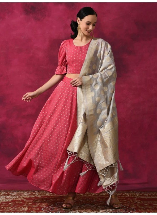 AKS Pink Gold Woven design Lace Work Lehenga Choli With Brocade Dupatta - Image 1