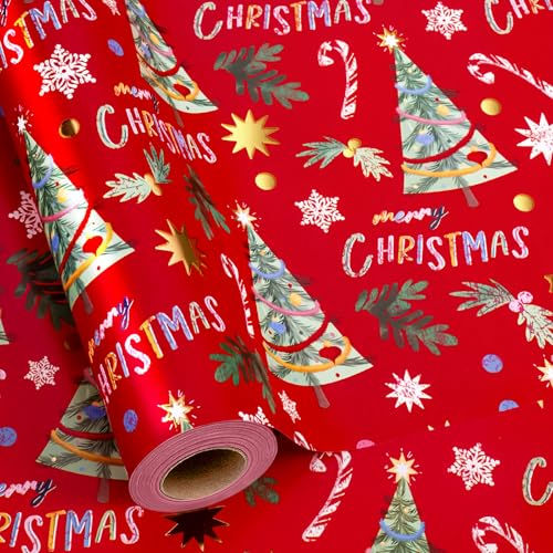 Yarcony Vinage Christmas Wrapping Paper Roll Red Wrapping Paper Gold Foil Elegant Deep Red Christmas Tree Theme Festive Holiday Gift Wrap for Winter Celebrations Seasonal Decor17Inch x 33Feet - Image 2