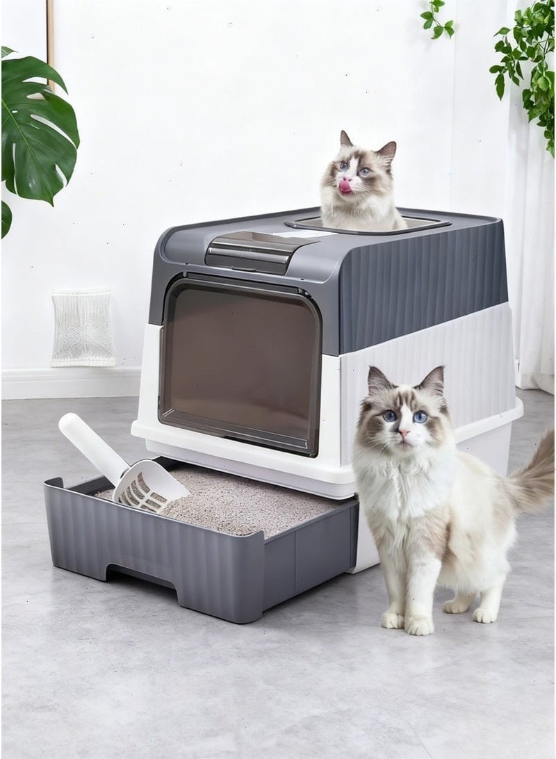 Cat Litter Box with Scoop, Foldable Closed Large Cat Litter Box with Lid, Anti-Splash Proof Closed Cat Litter Box for Big Cats, Easy to Clean & Leak-Proof Design - Image 1