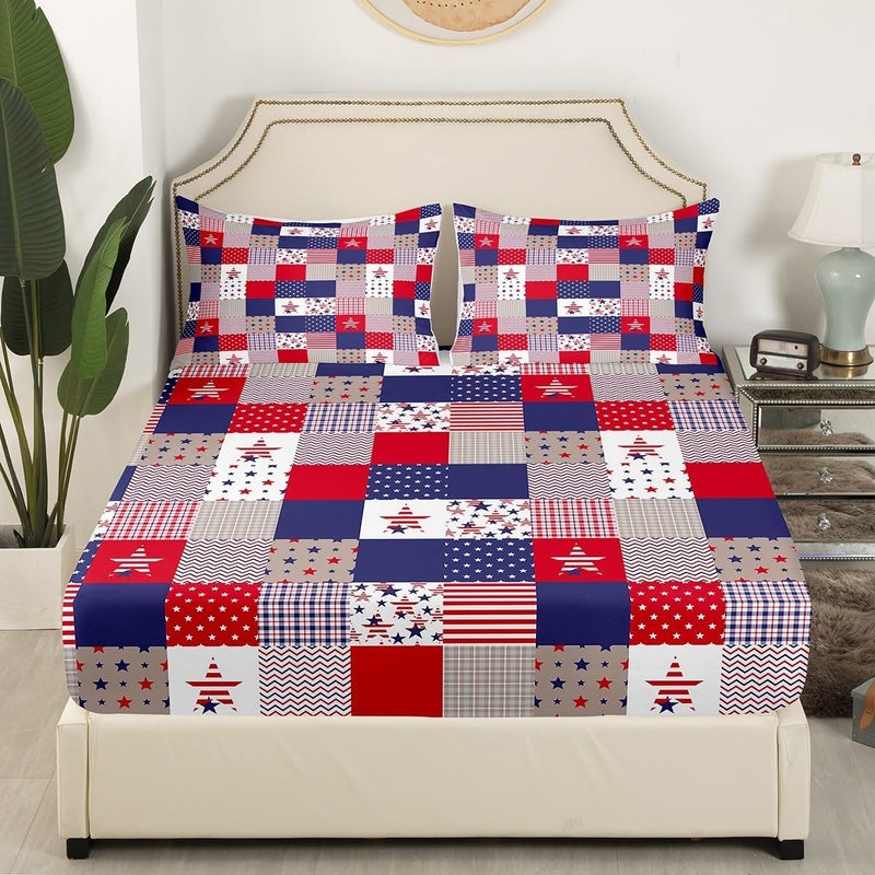 Feelyou Patriotic 4th of July Sheet Set Twin Size Americana Stars Plaid Bed Sheets for Adults Women Men Independence Day Bed Set Red Blue Sheets 3Pcs,1 Fitted Sheet+1 Pillow Sham+1 Flat Sheet - Image 4