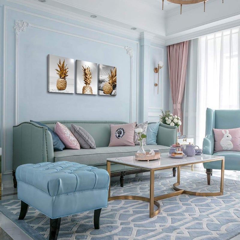 TTHYUEWS Canvas Wall Art For Bar Kitchen Living Room Office Bathroom Home Decoration Board Black And White Beach Scenery Golden Pineapple Pictures Artwork Restaurant Wall Decor Ready To Hang 12x16inch 3 Piece - Image 2