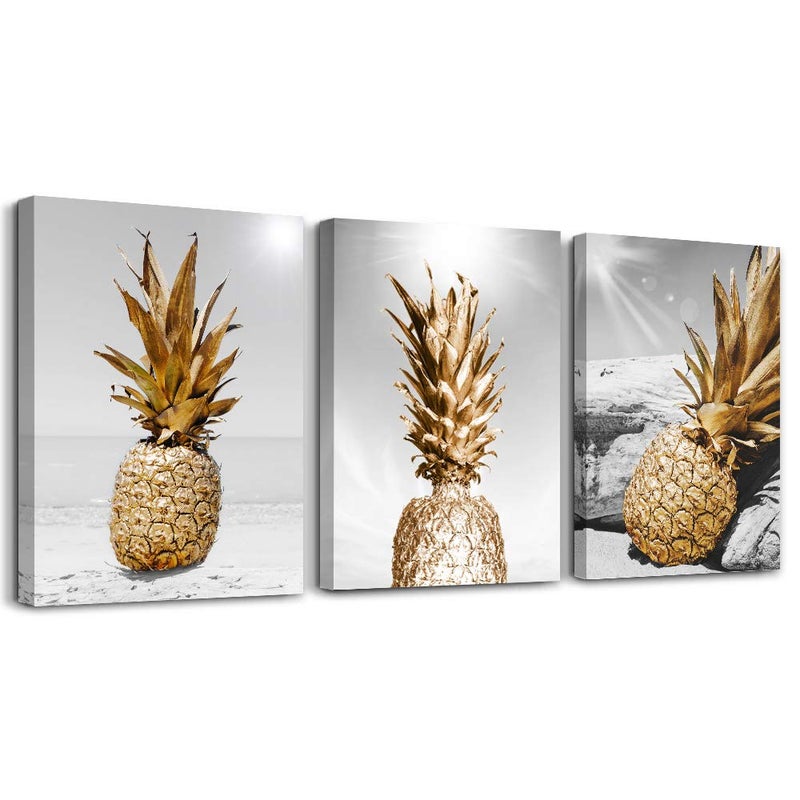 TTHYUEWS Canvas Wall Art For Bar Kitchen Living Room Office Bathroom Home Decoration Board Black And White Beach Scenery Golden Pineapple Pictures Artwork Restaurant Wall Decor Ready To Hang 12x16inch 3 Piece - Image 1
