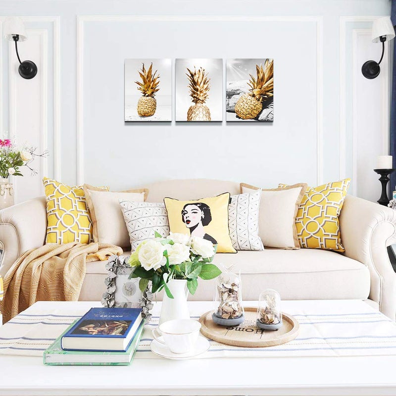 TTHYUEWS Canvas Wall Art For Bar Kitchen Living Room Office Bathroom Home Decoration Board Black And White Beach Scenery Golden Pineapple Pictures Artwork Restaurant Wall Decor Ready To Hang 12x16inch 3 Piece - Image 3