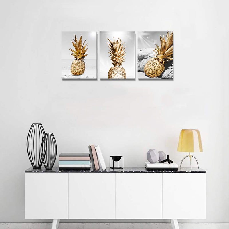 TTHYUEWS Canvas Wall Art For Bar Kitchen Living Room Office Bathroom Home Decoration Board Black And White Beach Scenery Golden Pineapple Pictures Artwork Restaurant Wall Decor Ready To Hang 12x16inch 3 Piece - Image 4