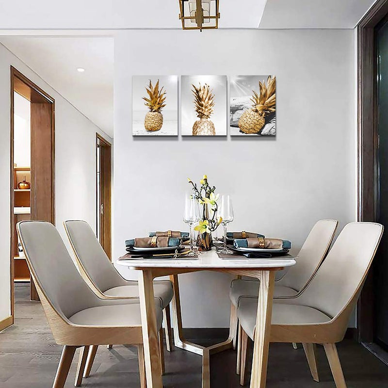 TTHYUEWS Canvas Wall Art For Bar Kitchen Living Room Office Bathroom Home Decoration Board Black And White Beach Scenery Golden Pineapple Pictures Artwork Restaurant Wall Decor Ready To Hang 12x16inch 3 Piece - Image 5