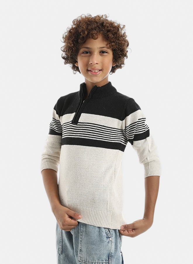 Andora Half Zipper Closure Strapped Knitted Pullover_Beige & Black - Image 2