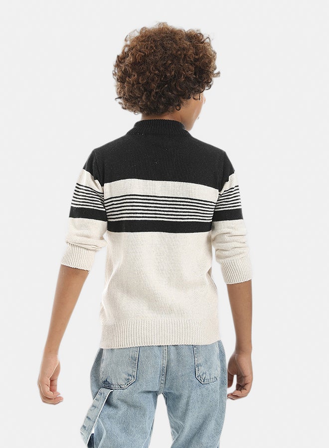 Andora Half Zipper Closure Strapped Knitted Pullover_Beige & Black - Image 3