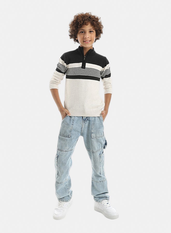 Andora Half Zipper Closure Strapped Knitted Pullover_Beige & Black - Image 4