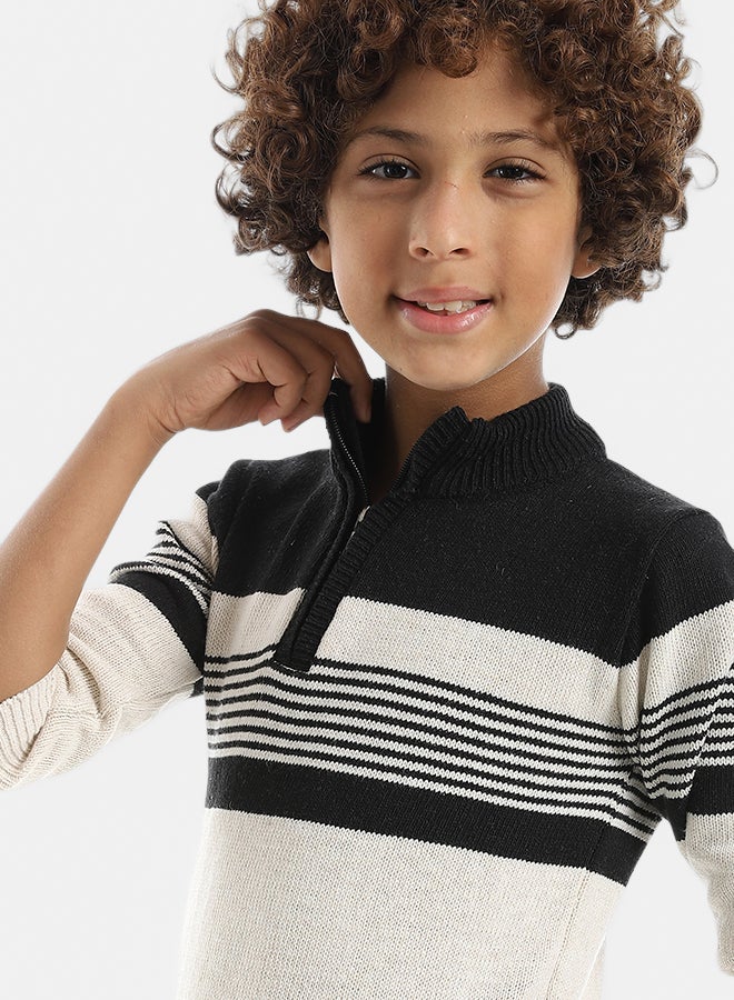 Andora Half Zipper Closure Strapped Knitted Pullover_Beige & Black - Image 5