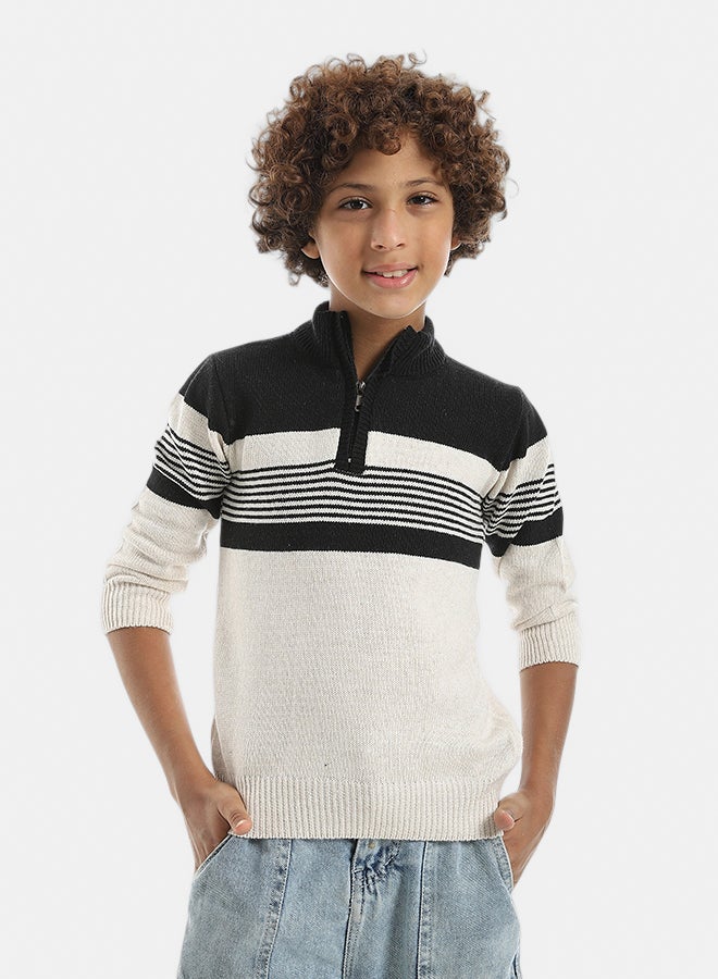 Andora Half Zipper Closure Strapped Knitted Pullover_Beige & Black - Image 1