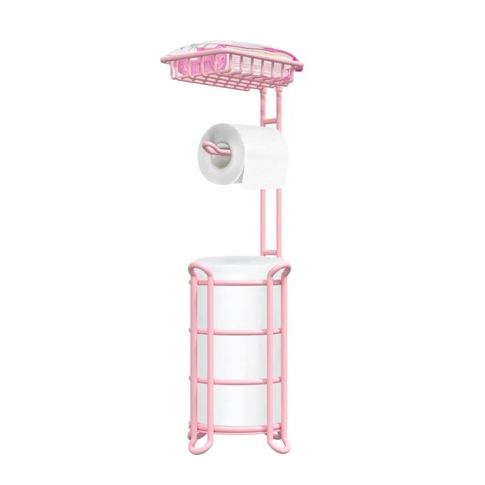 PINK TOILET PAPER HOLDER STAND TISSUE HOLDER FOR BATHROOM FLOOR STANDING TOILET ROLL DISPENSER STORAGE 4 RESERVE MEGA ROLLS PHONE WIPES
