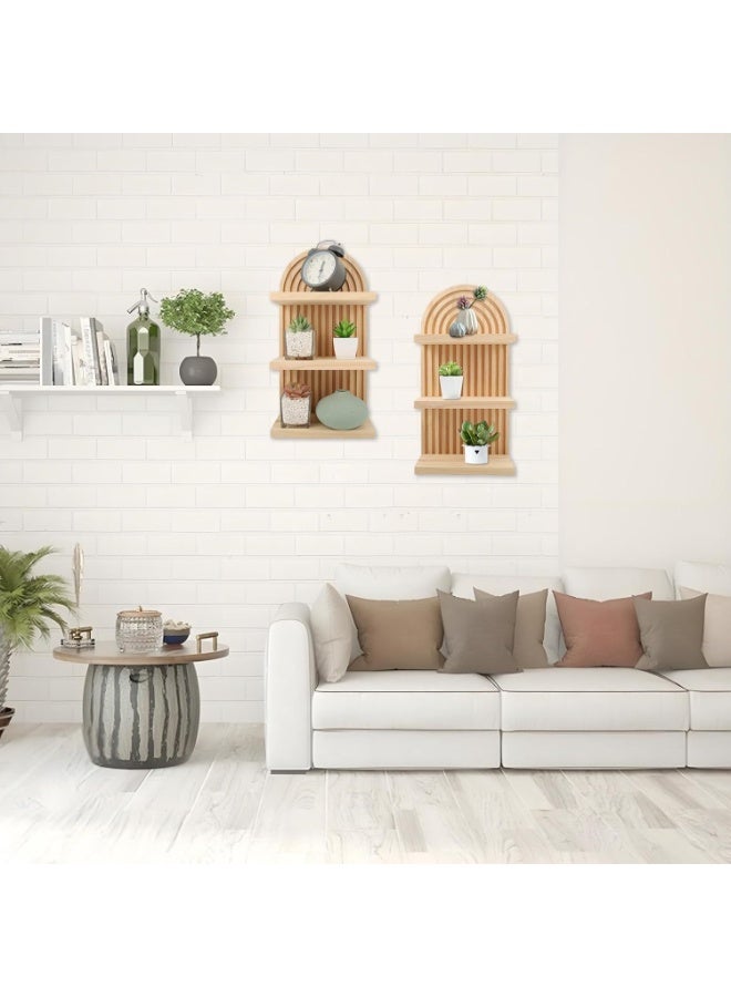 XiuWoo 2-Pcs Boho Wood Wall Hanging Shelves, 2-Tier Arch Decor Shelf, Home Floating Storage Shelf, Bohemian Display Shelving, Wall Decor Rack for Home, Office - Image 5