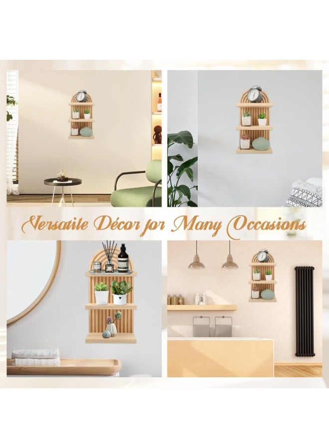 XiuWoo 2-Pcs Boho Wood Wall Hanging Shelves, 2-Tier Arch Decor Shelf, Home Floating Storage Shelf, Bohemian Display Shelving, Wall Decor Rack for Home, Office - Image 2