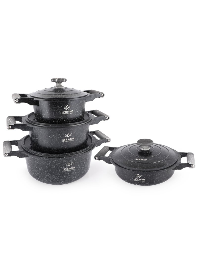 Life Smile 8pc Non Stick Cookware set - Granite Pots and Pans set ,100% PFOA FREE - Casseroles,Cookwares with Bakelite Knob & Handles, Induction Base Cooking Set include 20/24/28cm Soup Pot & 26cm Shallow Pot - Image 1