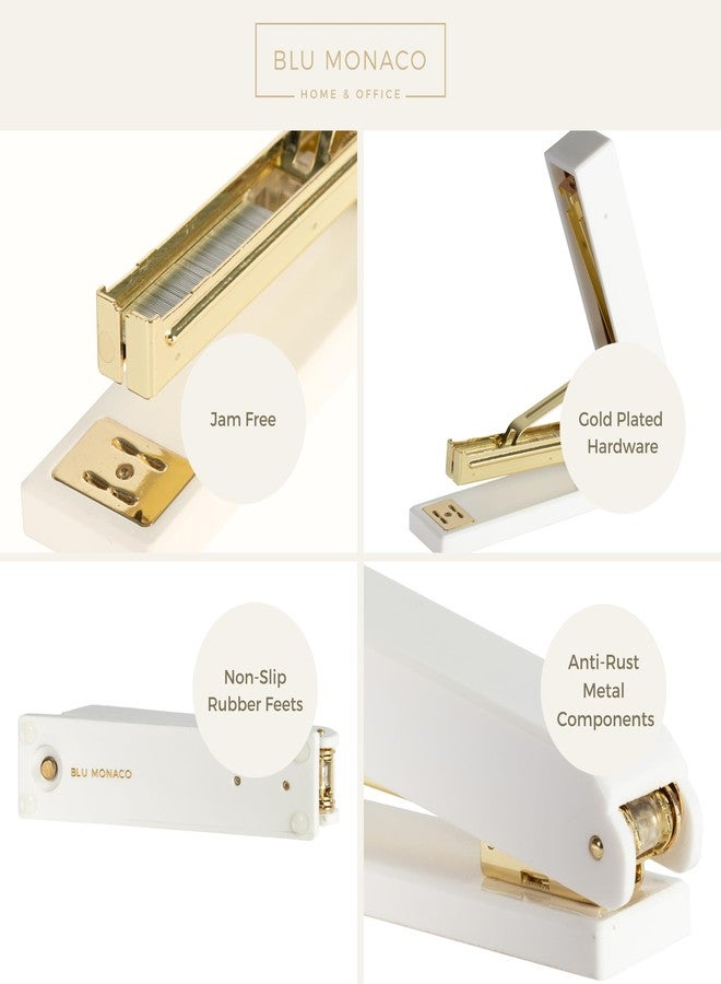 Blu Monaco White and Gold Stapler - Chic Desk Stapler with Smooth Metal Mechanism - Stylish Gold Office Stapler for Home, School, and Work - Aesthetic White Office Supplies for Modern Desks - Image 4