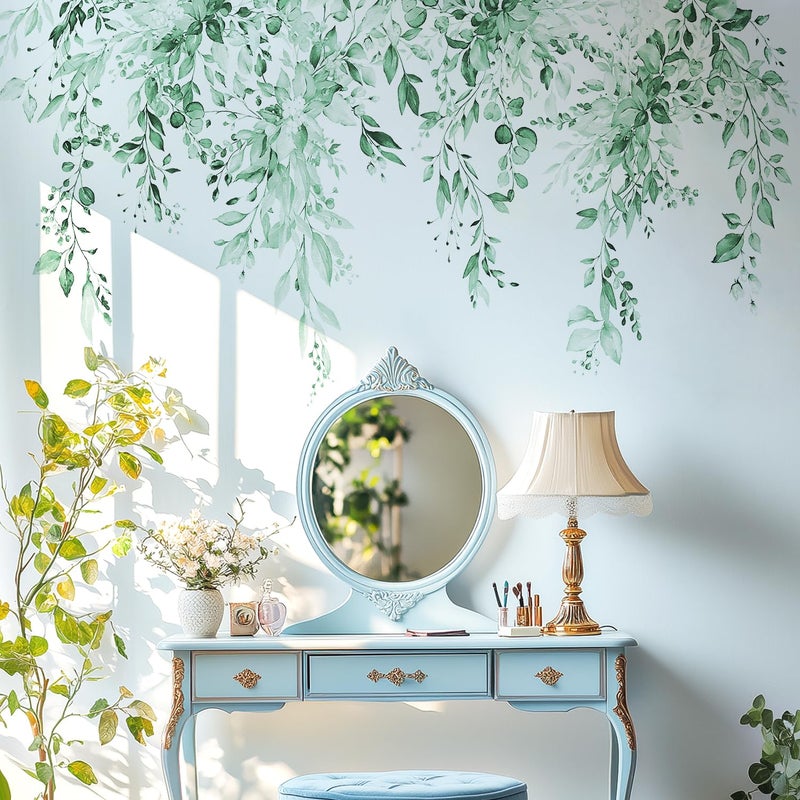 VePret Mint Green Plants Leaves Wall Decals Peel and Stick Large Floral Flowers Vinyl Wall Stickers Removable Vine Home Decor Art for Bedroom Living Room Classroom Office