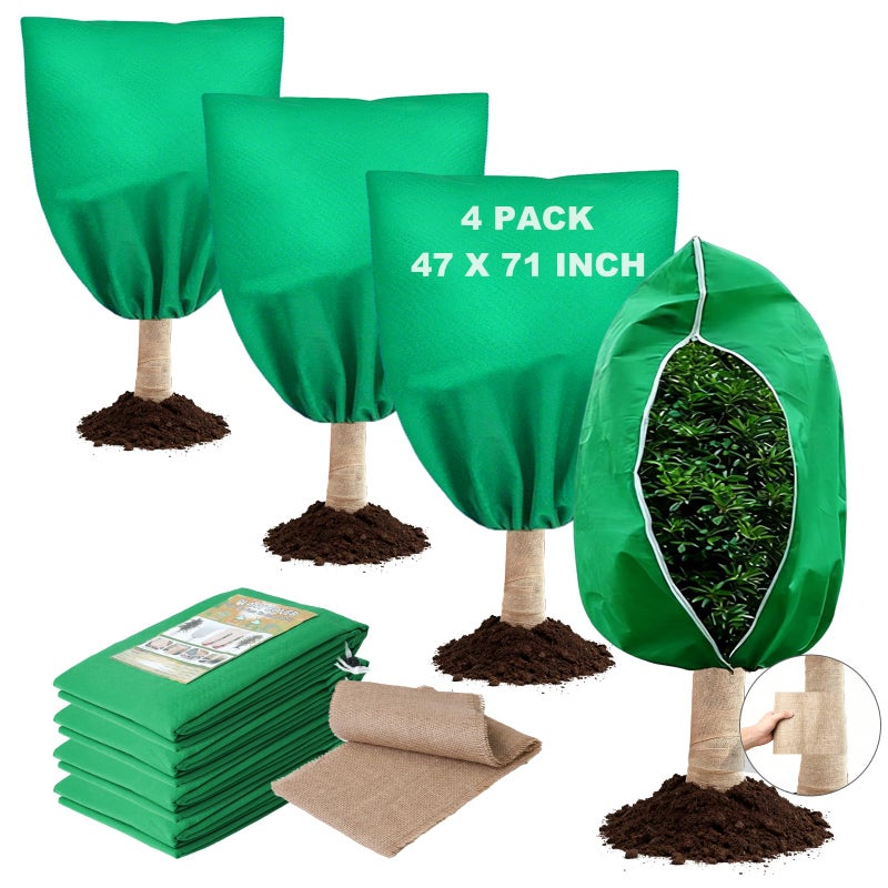 SDLDEER 4 Pack 47 x 71 Inch Plant Covers Freeze Protection, Frost Cloth Plant Freeze Protection With Burlap Tree Wrap, Reusable Breathable Freeze Blankets With Drawstring for Fruit Tree Shrub Potted - Image 1