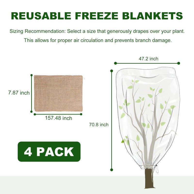SDLDEER 4 Pack 47 x 71 Inch Plant Covers Freeze Protection, Frost Cloth Plant Freeze Protection With Burlap Tree Wrap, Reusable Breathable Freeze Blankets With Drawstring for Fruit Tree Shrub Potted - Image 2