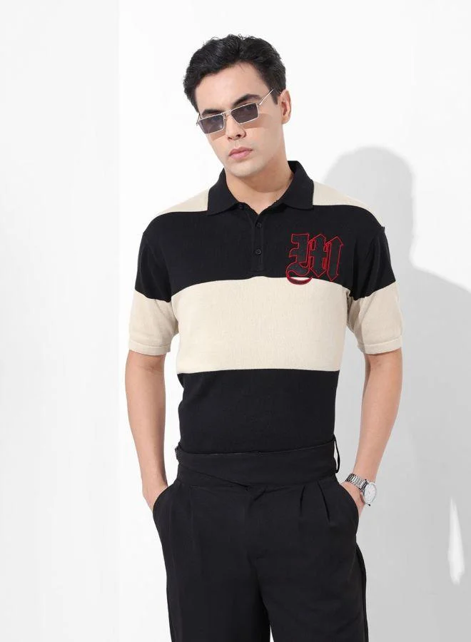 The Indian Garage Co Men Oversized Fit Textured Polo Neck Half Sleeves T-Shirt
