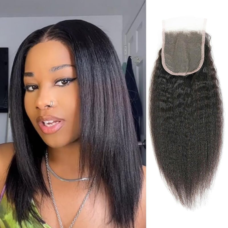 Selina Lace Closure Kinky Straight 4x4 Hd Lace Closure Yaki Straight Human Hair Free Part Hair Natural Black 18 Inch - Image 2