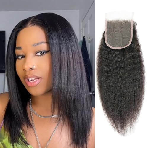 Selina Lace Closure Kinky Straight 4x4 Hd Lace Closure Yaki Straight Human Hair Free Part Hair Natural Black 18 Inch - Image 1
