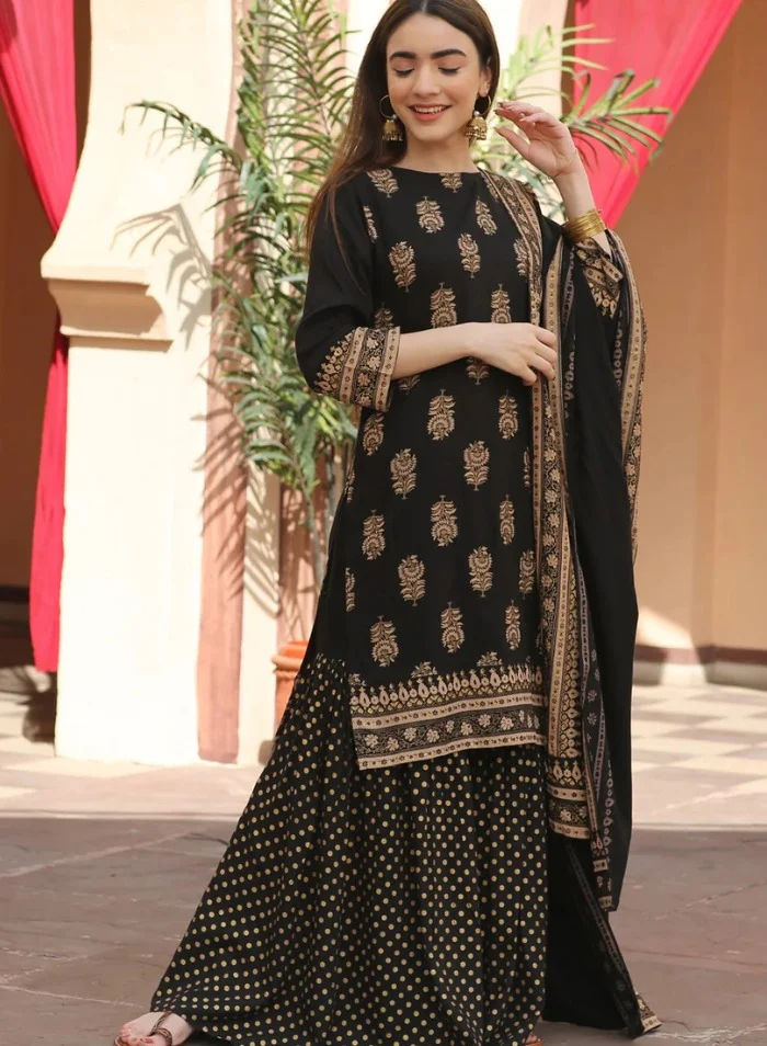 ZERESOUQ Black Festive Gold Gharara Kurta Dupatta Set
