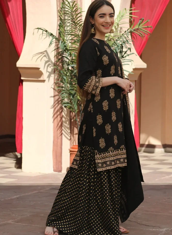 ZERESOUQ Black Festive Gold Gharara Kurta Dupatta Set