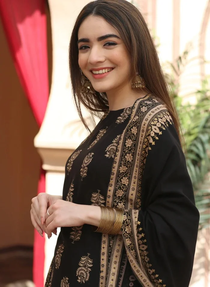 ZERESOUQ Black Festive Gold Gharara Kurta Dupatta Set