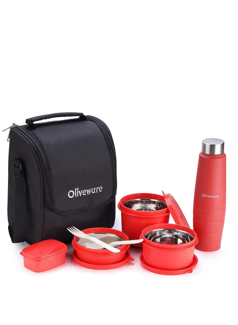 oliveware Teso Lunch Box with Plastic Cutlery, 3 Microwave Safe Inner Steel Containers with BPA free Airtight Lids(290ml, 450ml & 600ml), Plastic Pickle Box (130ml), Steel Water Bottle(750ml) -  - Image 1
