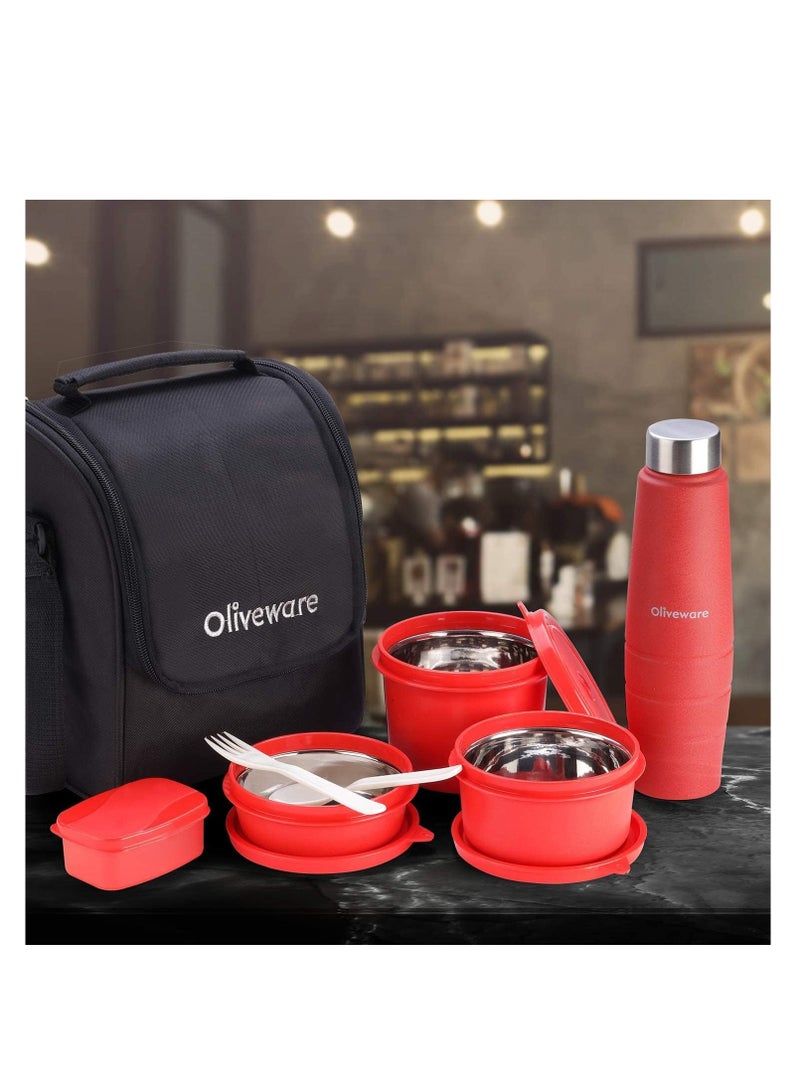 oliveware Teso Lunch Box with Plastic Cutlery, 3 Microwave Safe Inner Steel Containers with BPA free Airtight Lids(290ml, 450ml & 600ml), Plastic Pickle Box (130ml), Steel Water Bottle(750ml) -  - Image 2