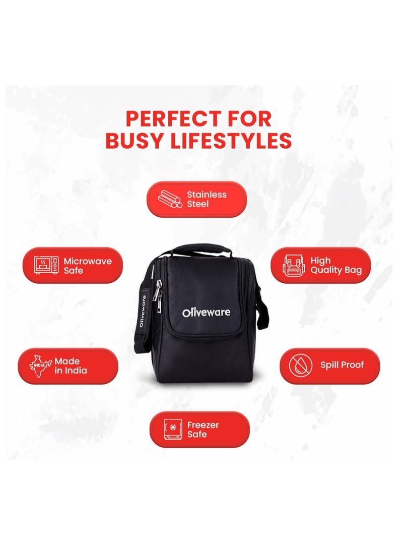 oliveware Teso Lunch Box with Plastic Cutlery, 3 Microwave Safe Inner Steel Containers with BPA free Airtight Lids(290ml, 450ml & 600ml), Plastic Pickle Box (130ml), Steel Water Bottle(750ml) -  - Image 4