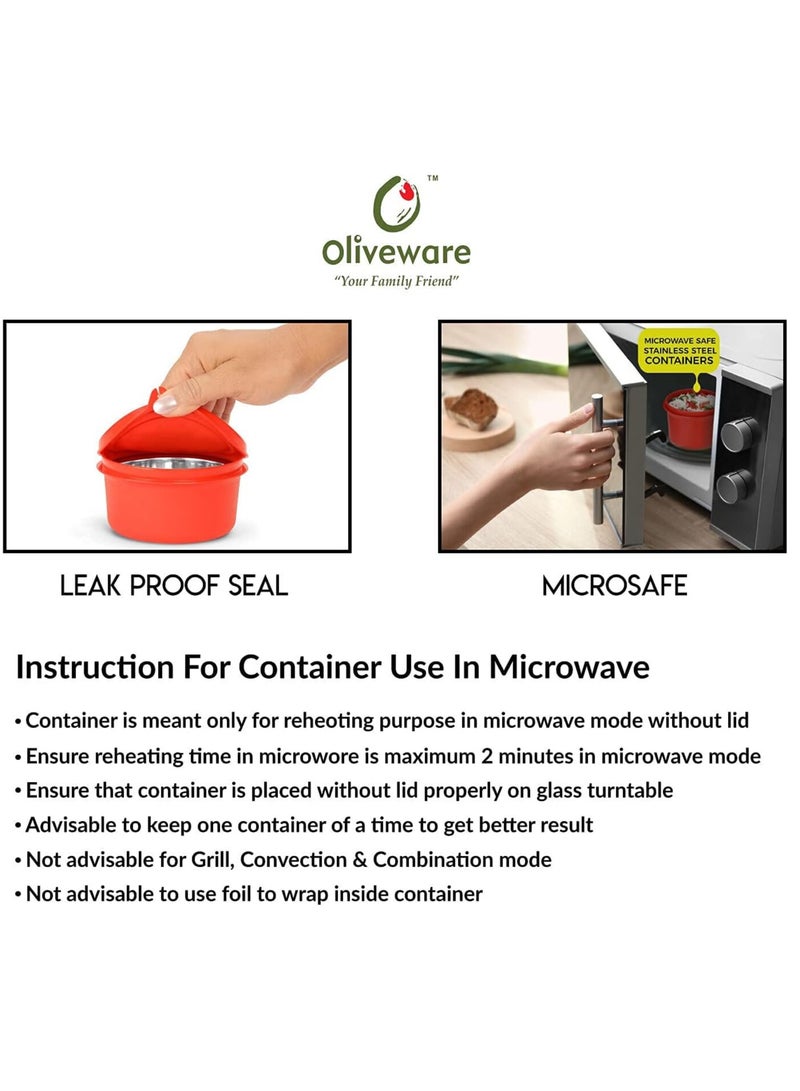 oliveware Teso Lunch Box with Plastic Cutlery, 3 Microwave Safe Inner Steel Containers with BPA free Airtight Lids(290ml, 450ml & 600ml), Plastic Pickle Box (130ml), Steel Water Bottle(750ml) -  - Image 3