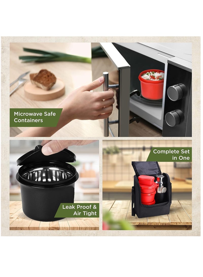 oliveware Teso Lunch Box with Plastic Cutlery, 3 Microwave Safe Inner Steel Containers with BPA free Airtight Lids(290ml, 450ml & 600ml), Plastic Pickle Box (130ml), Steel Water Bottle(750ml) -  - Image 5