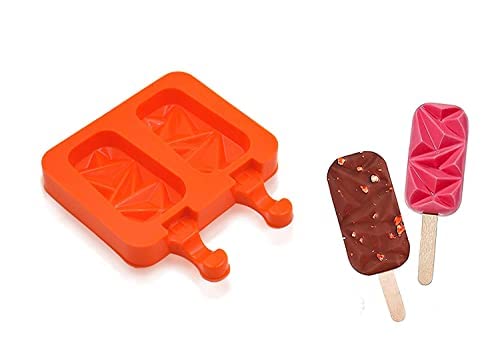 MoldBerry Silicone Cakesicle Mould with Wooden Sticks 2 Cavity Diamond Oval Shape Popsicle Reusable Ice Pop Makers Ice Cream Kulfi Candy Ice Lolly Mold for Children Adults Pack of 1 Multi Color - Image 1
