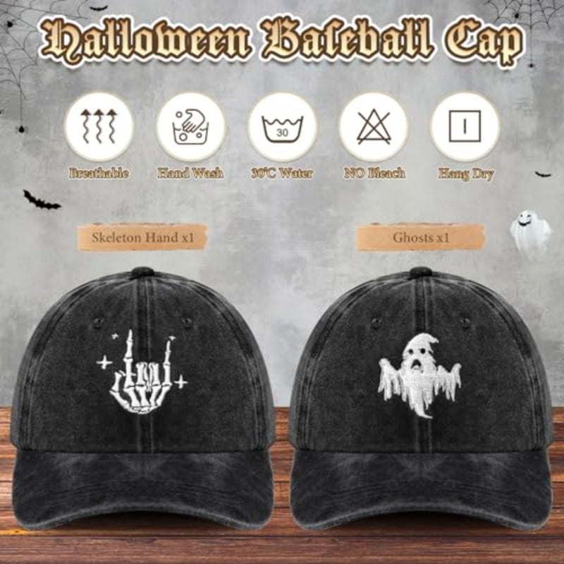 2 Pcs Halloween Baseball Cap Embroidered Halloween Hat for Men Ghost Hat Skeleton Hat Funny Adjustable Spooky Halloween caps for Women Men Party Accessories - Image 4