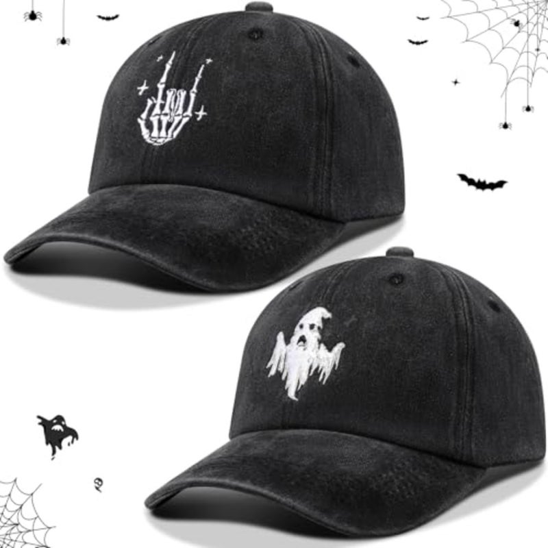 2 Pcs Halloween Baseball Cap Embroidered Halloween Hat for Men Ghost Hat Skeleton Hat Funny Adjustable Spooky Halloween caps for Women Men Party Accessories - Image 1