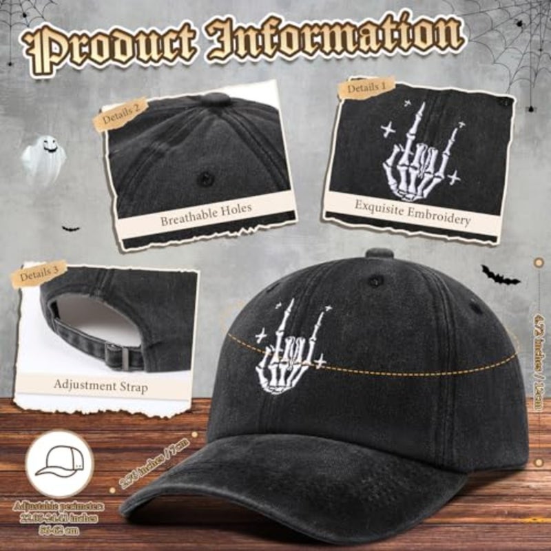 2 Pcs Halloween Baseball Cap Embroidered Halloween Hat for Men Ghost Hat Skeleton Hat Funny Adjustable Spooky Halloween caps for Women Men Party Accessories - Image 3