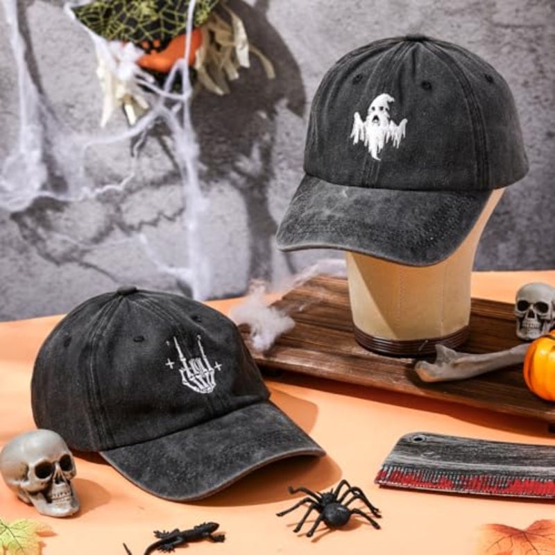 2 Pcs Halloween Baseball Cap Embroidered Halloween Hat for Men Ghost Hat Skeleton Hat Funny Adjustable Spooky Halloween caps for Women Men Party Accessories - Image 2