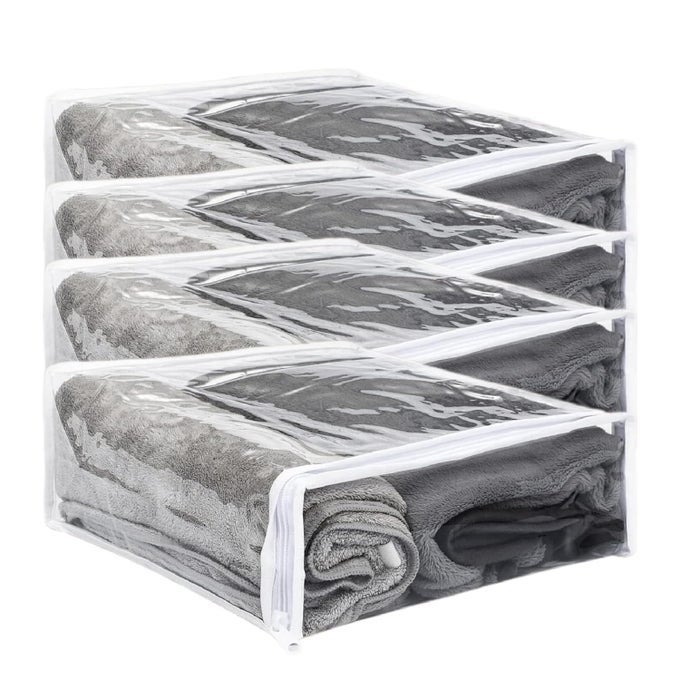 CLEAR ZIPPERED STORAGE BAGS SWEATER BLANKET QUILT BAG PLASTIC ORGANIZER BAGS FOR CLOTHES BED SHEET ORGANIZER WITH ZIPPER CLOTHING BLANKETS SHEET LINEN CLOTHES PILLOW CUBE ORGANIZER PACK OF 4