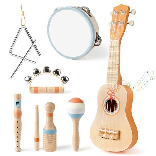 Vanplay Kids Guitar Set Montessori Toys for 2 3 Year Old Boy Girls Birthday Gifts 7 in 1 Musical Instruments for Toddlers 24 Band Sets with UkuleleFluteTambourineMaracas Toys for Kids 35 - Image 1