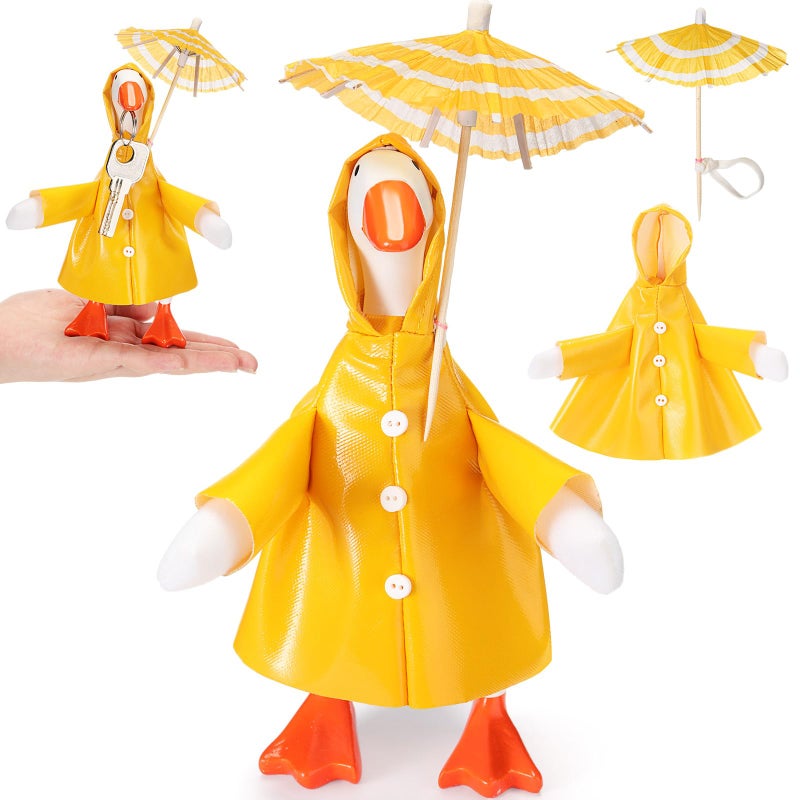 Shinylin 1 Set Spring Desk Goose Raincoat Outfit with Umbrella Mini Desk Goose Rain Coat Costume Mini Geese Raincoat Clothes for Spring 7 Inch Geese Figurine Desktop Home Decoration (Yellow) - Image 1
