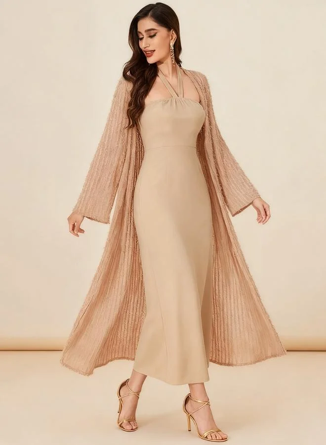 Take Two Beige Texture Open Front Cardigan and Halter Neck Maxi Dress Co-Ords