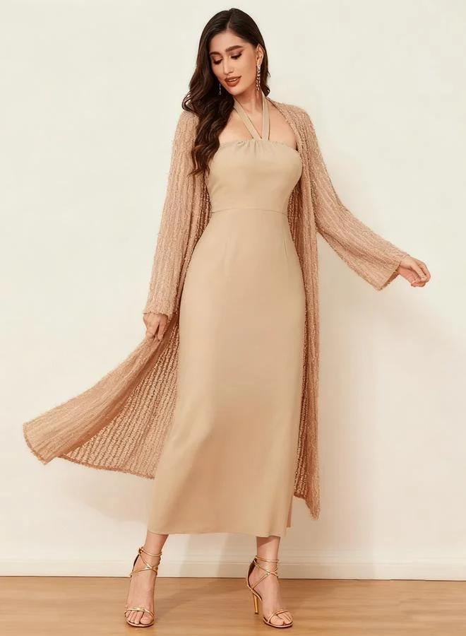 Take Two Beige Texture Open Front Cardigan and Halter Neck Maxi Dress Co-Ords