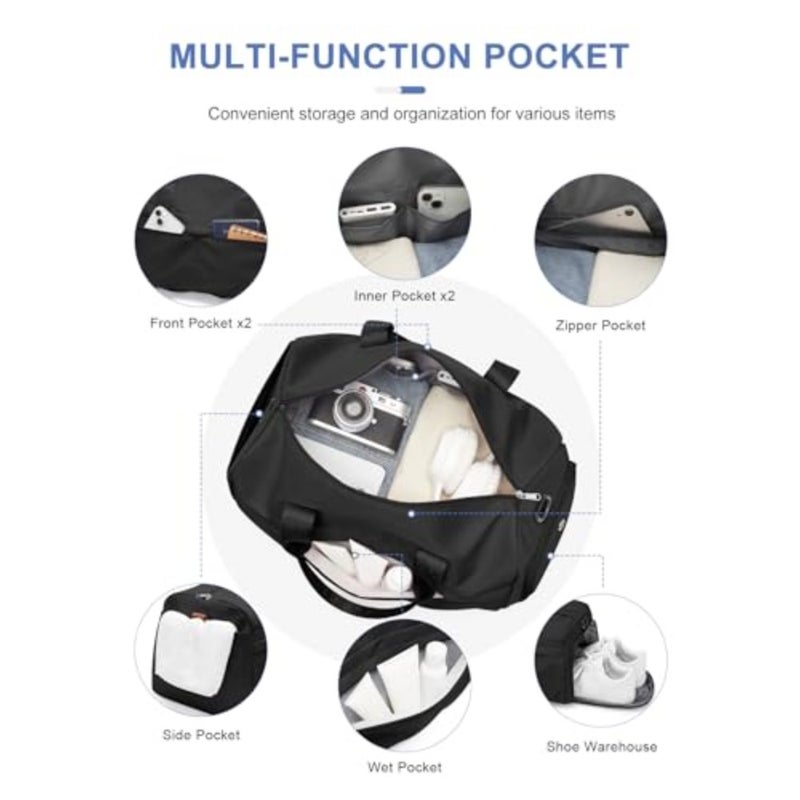 Gym Bag for Women Men with Shoe Compartment, Sport Duffel Bag, Waterproof Travel Weekender Overnight Carry on Bag for Yoga with Trolley Sleeve, Black,,Shoe Compartment - Image 4