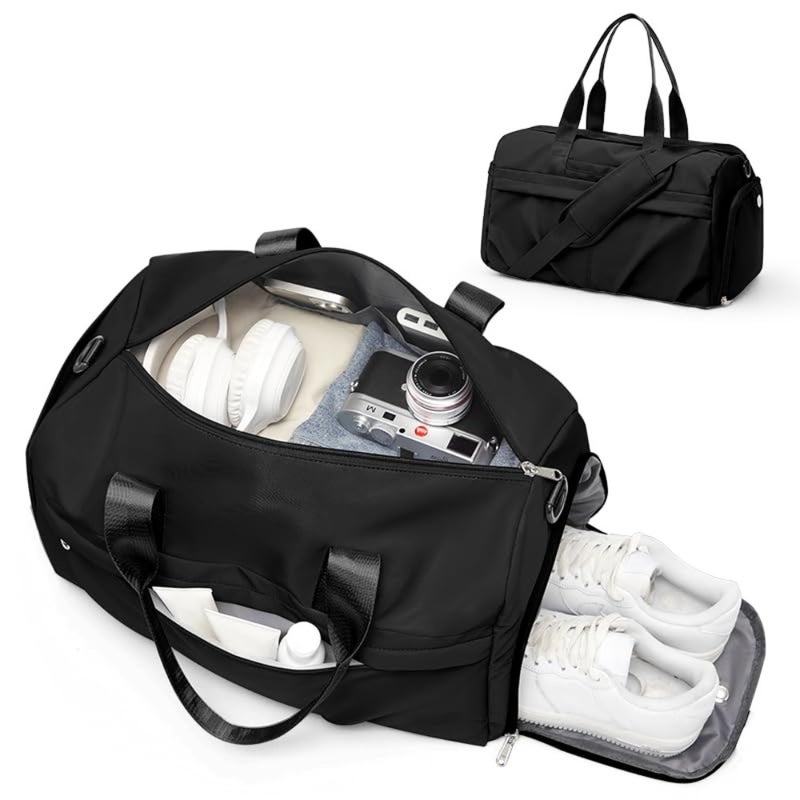 Gym Bag for Women Men with Shoe Compartment, Sport Duffel Bag, Waterproof Travel Weekender Overnight Carry on Bag for Yoga with Trolley Sleeve, Black,,Shoe Compartment - Image 2
