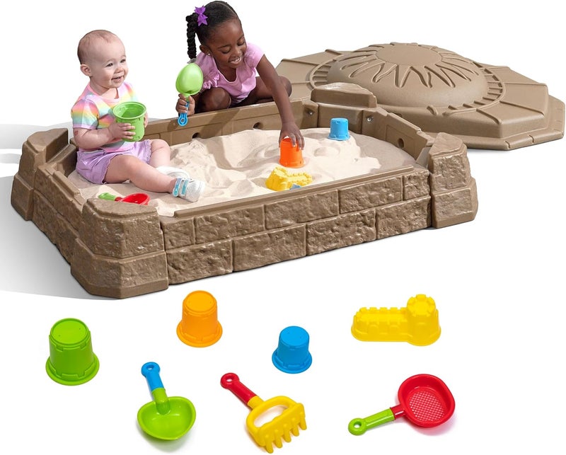 Step2 Naturally Playful Sandbox II, Kids Sand Activity Sensory Play Pit, Summer Outdoor Toys, 7 Piece Water Toy Accessories, for Toddlers 1+ Years Old - Image 1